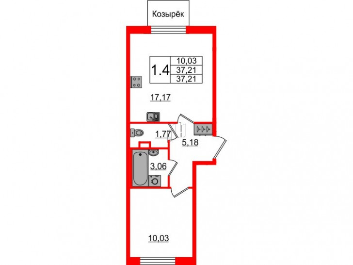 Однокомнатная квартира 37.21 м²