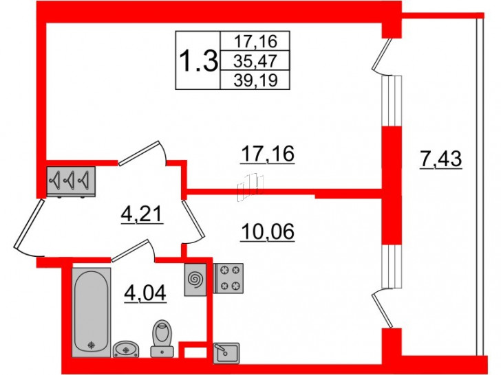 Однокомнатная квартира 35.47 м²