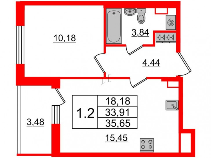 Однокомнатная квартира 33.91 м²