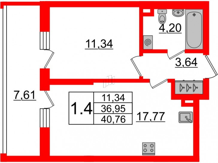 Однокомнатная квартира 36.95 м²