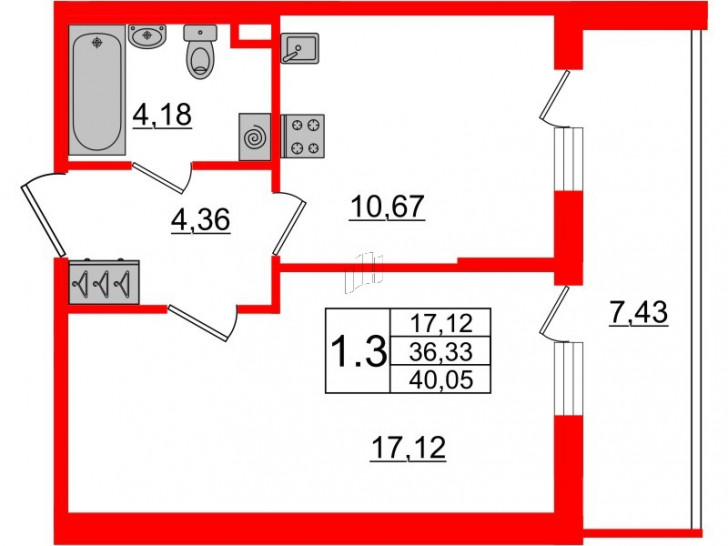 Однокомнатная квартира 36.33 м²