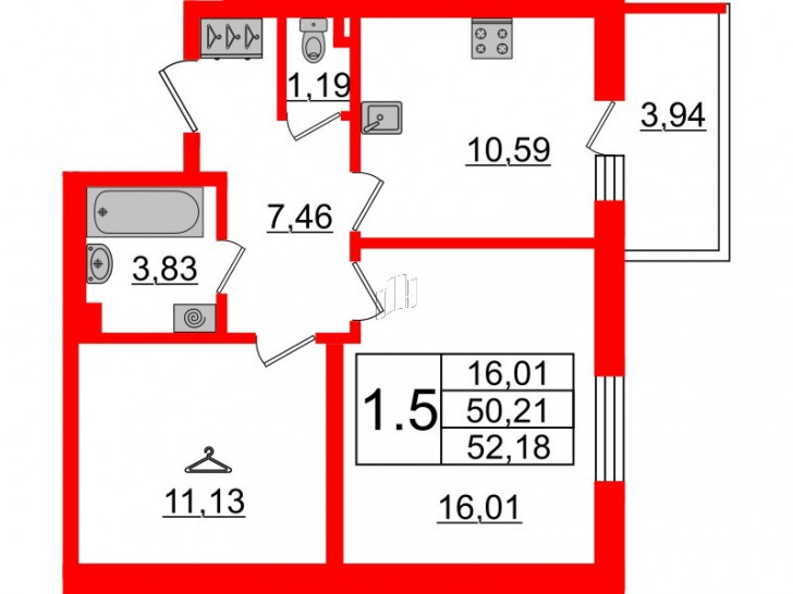 Однокомнатная квартира 50.21 м²