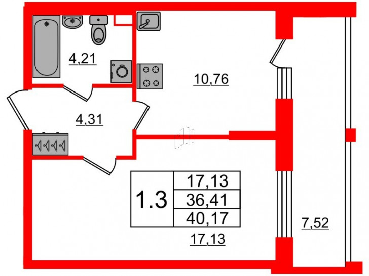 Однокомнатная квартира 36.41 м²
