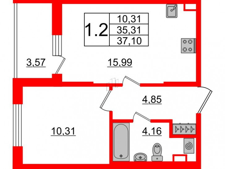 Однокомнатная квартира 35.31 м²