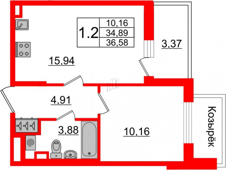 Однокомнатная квартира 34.89 м²