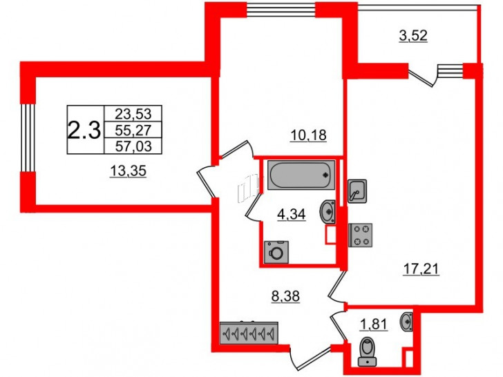 Двухкомнатная квартира 55.2 м²