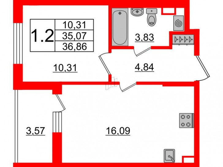 Однокомнатная квартира 35.07 м²