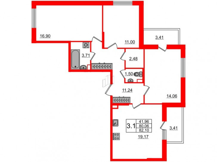 Трёхкомнатная квартира 78.9 м²