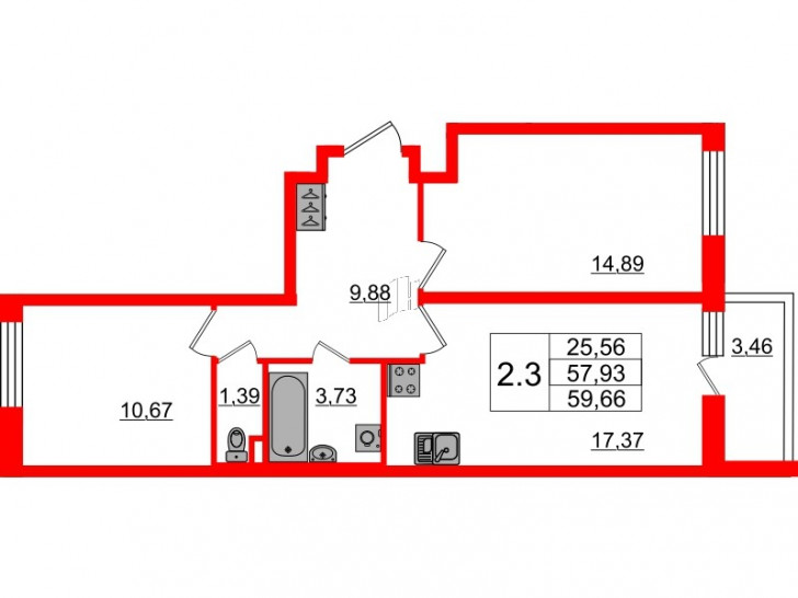 Двухкомнатная квартира 56.9 м²