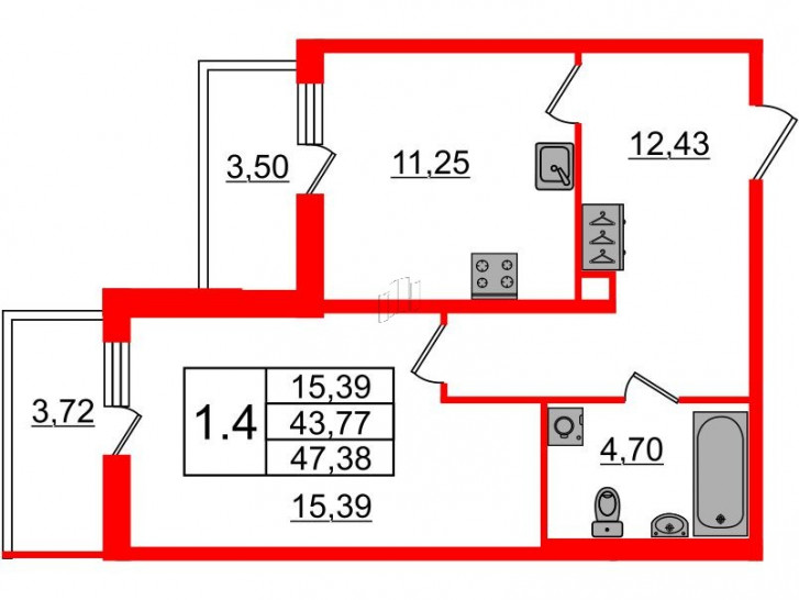 Однокомнатная квартира 43.1 м²