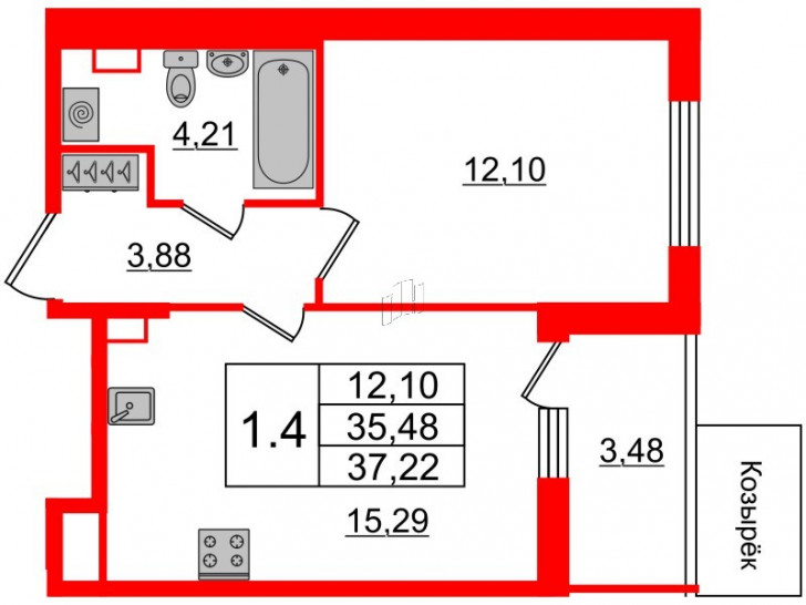 Однокомнатная квартира 35.48 м²