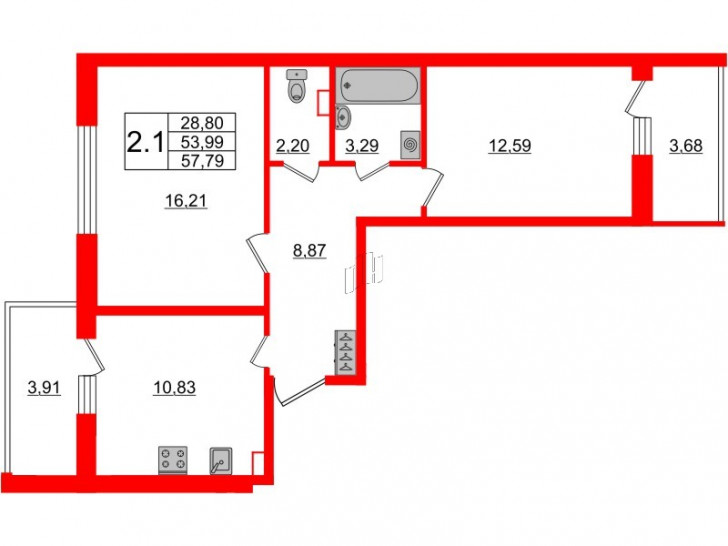 Двухкомнатная квартира 53.99 м²