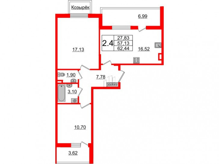 Двухкомнатная квартира 57.13 м²