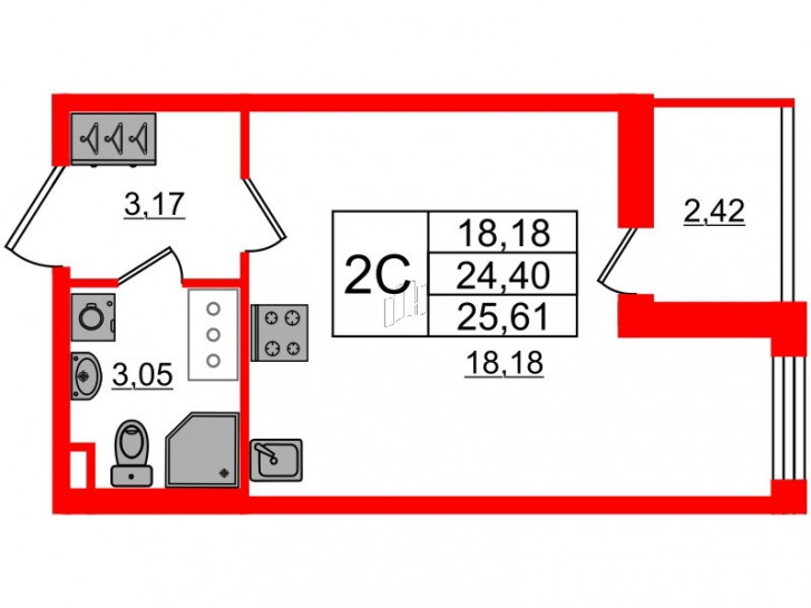 Студия 24.4 м²