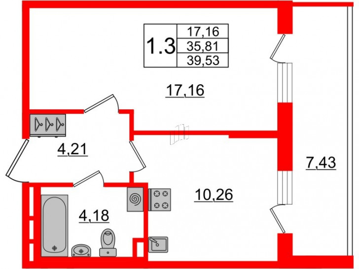 Однокомнатная квартира 35.81 м²