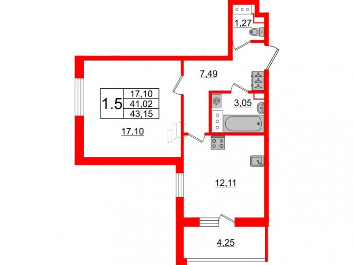 Однокомнатная квартира 41.02 м²