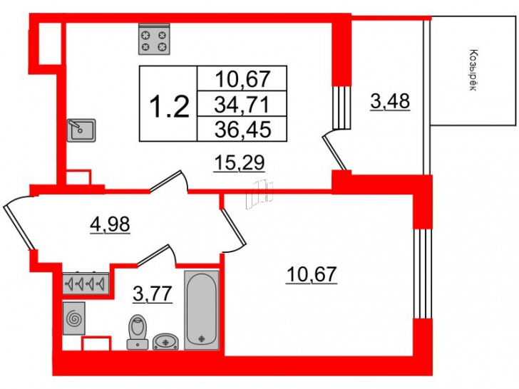 Однокомнатная квартира 34.71 м²
