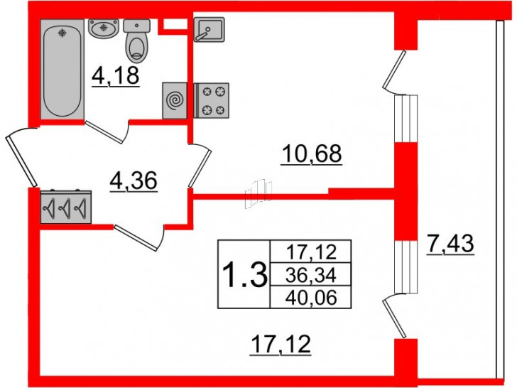 Однокомнатная квартира 36.34 м²