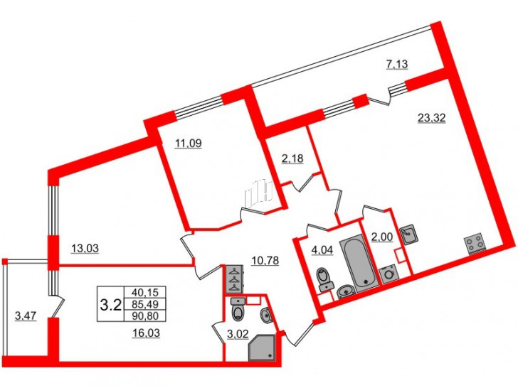 Трёхкомнатная квартира 84.7 м²