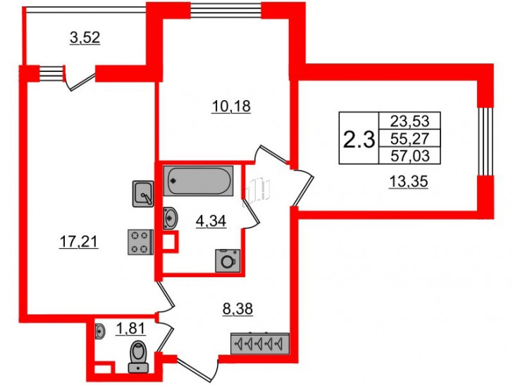 Двухкомнатная квартира 55.1 м²