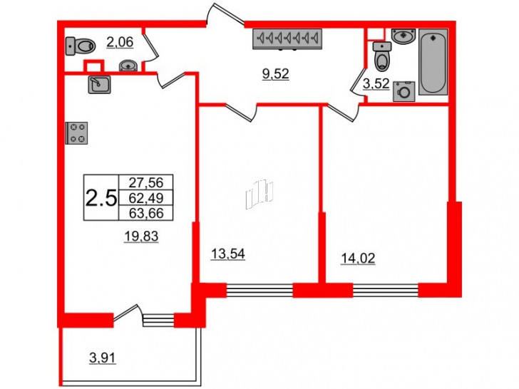 Двухкомнатная квартира 61.5 м²