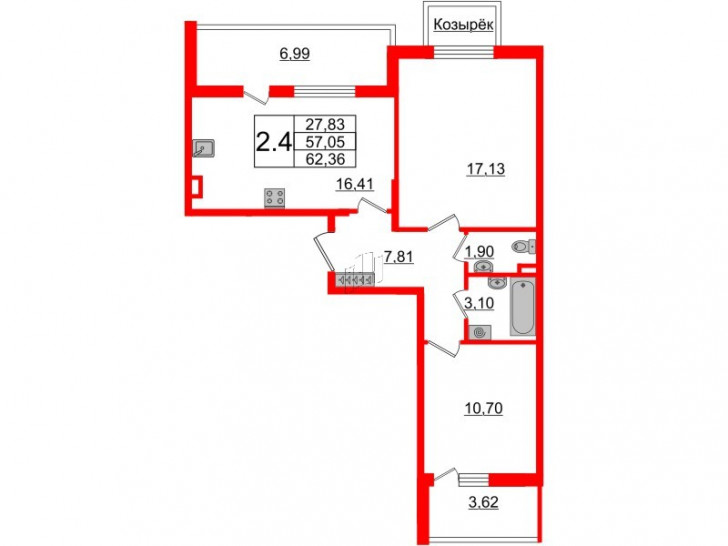 Двухкомнатная квартира 57.05 м²