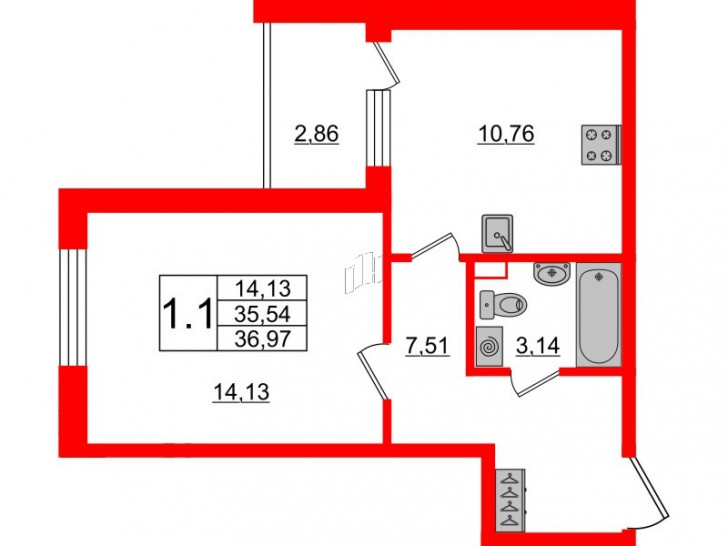 Однокомнатная квартира 35.54 м²