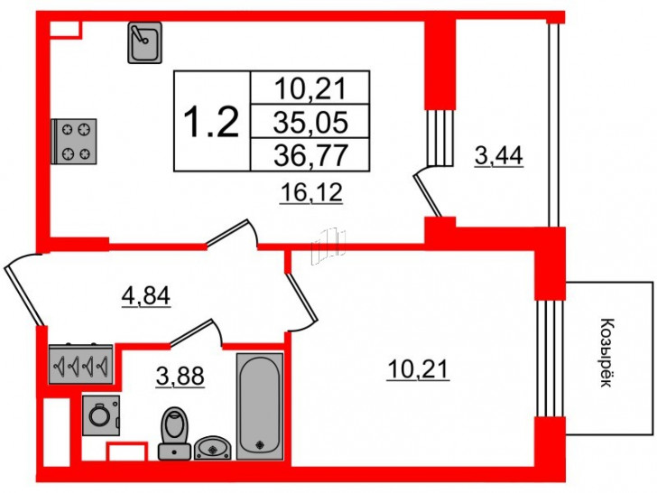 Однокомнатная квартира 35.05 м²