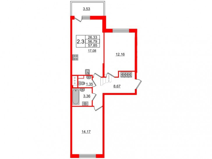 Двухкомнатная квартира 56.79 м²