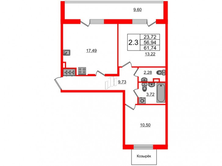 Двухкомнатная квартира 56.94 м²