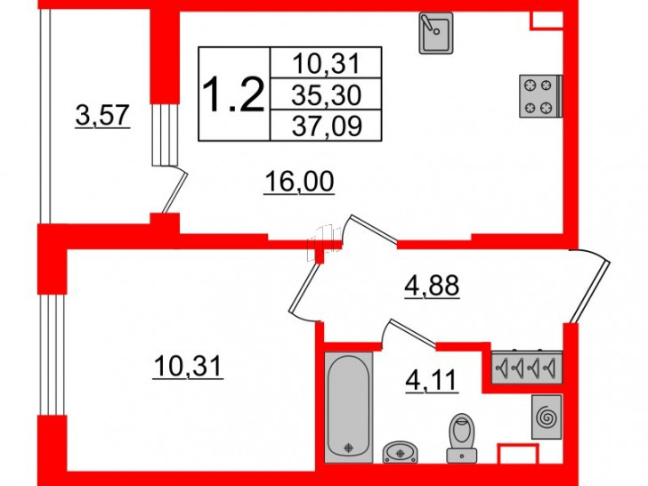 Однокомнатная квартира 35.3 м²