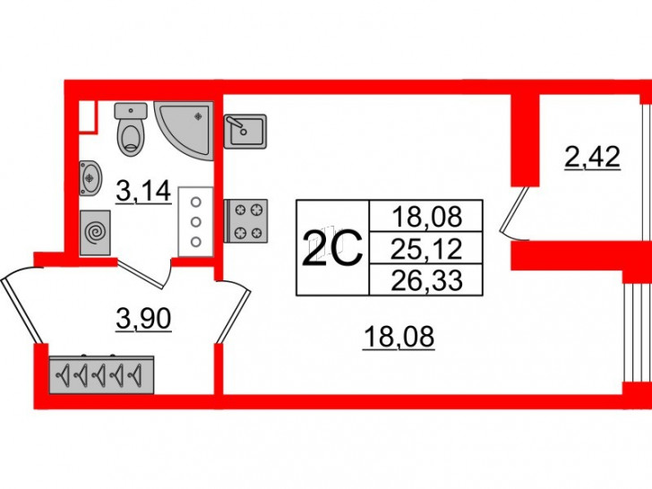 Студия 25.12 м²