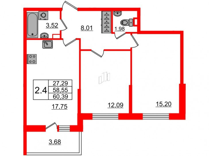 Двухкомнатная квартира 58 м²