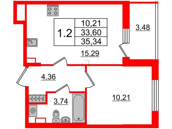 Однокомнатная квартира 33.6 м²