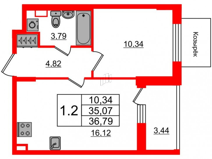 Однокомнатная квартира 35.07 м²