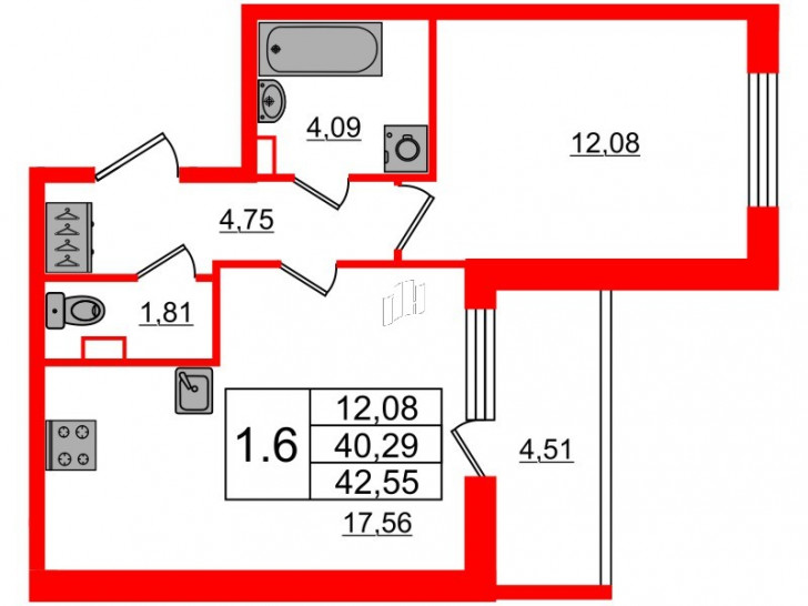 Однокомнатная квартира 40.29 м²