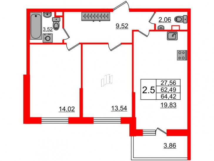 Двухкомнатная квартира 61.8 м²