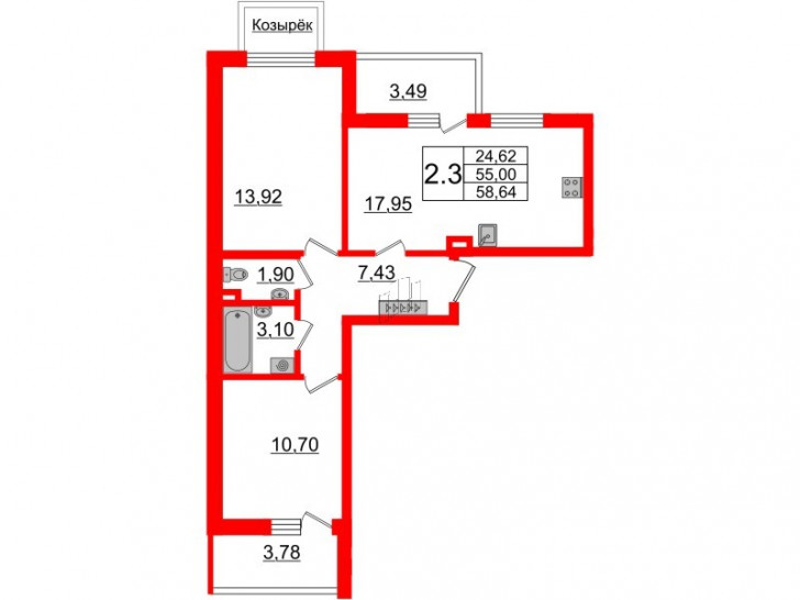 Двухкомнатная квартира 55 м²