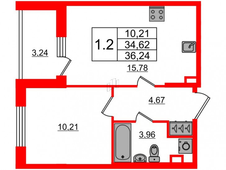 Однокомнатная квартира 34.62 м²