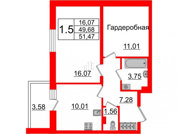 Однокомнатная квартира 49.68 м²
