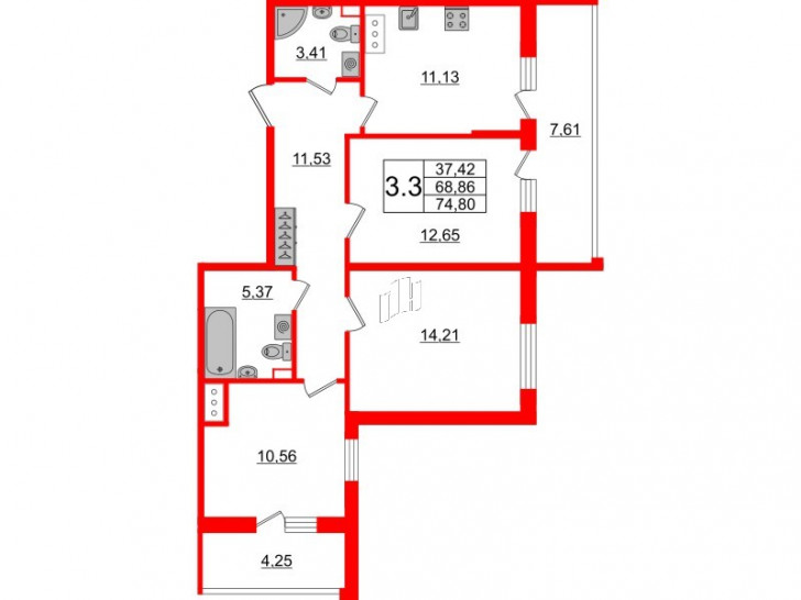 Трёхкомнатная квартира 68.86 м²