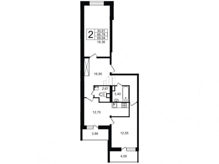Двухкомнатная квартира 66.3 м²