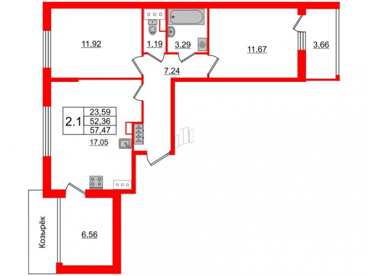 Двухкомнатная квартира 52.36 м²