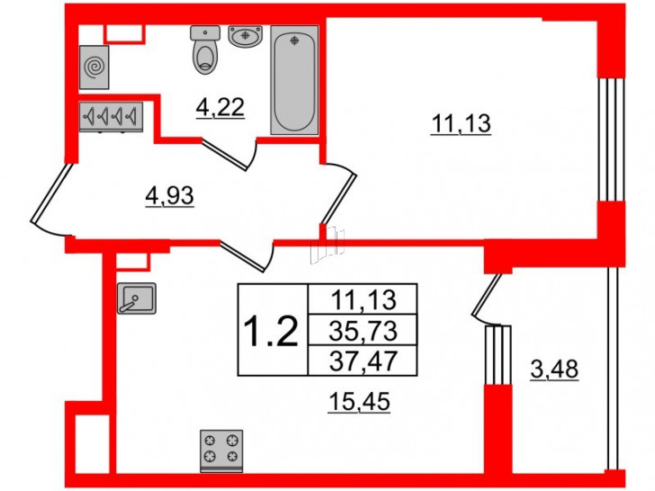Однокомнатная квартира 35.73 м²