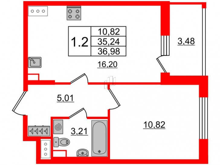 Однокомнатная квартира 35.24 м²