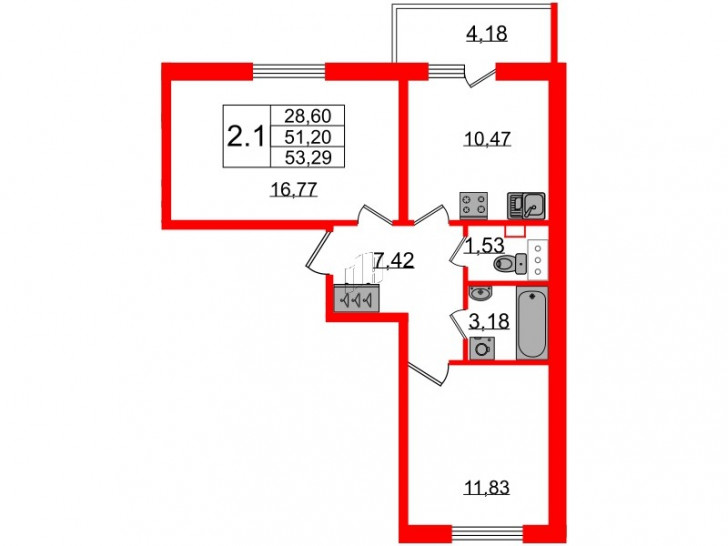 Двухкомнатная квартира 50.9 м²