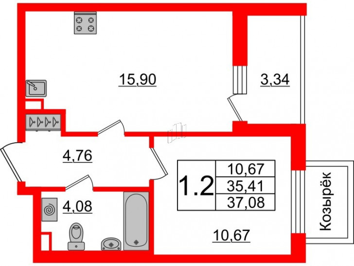 Однокомнатная квартира 35.41 м²