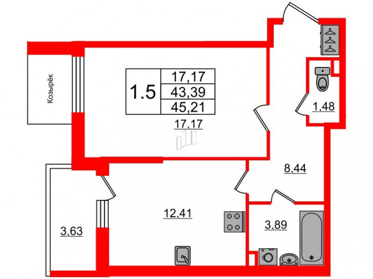 Однокомнатная квартира 43.39 м²