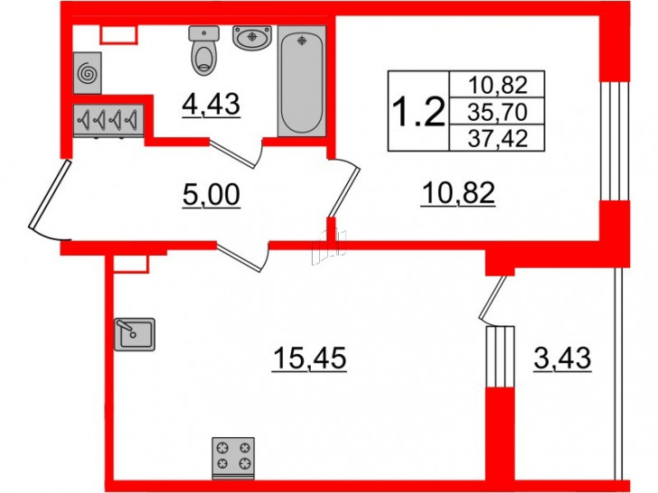 Однокомнатная квартира 35.7 м²