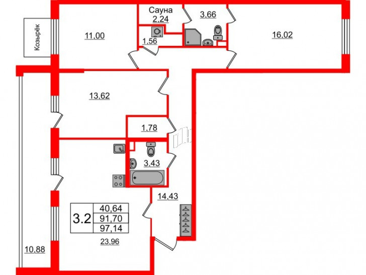 Трёхкомнатная квартира 91.7 м²